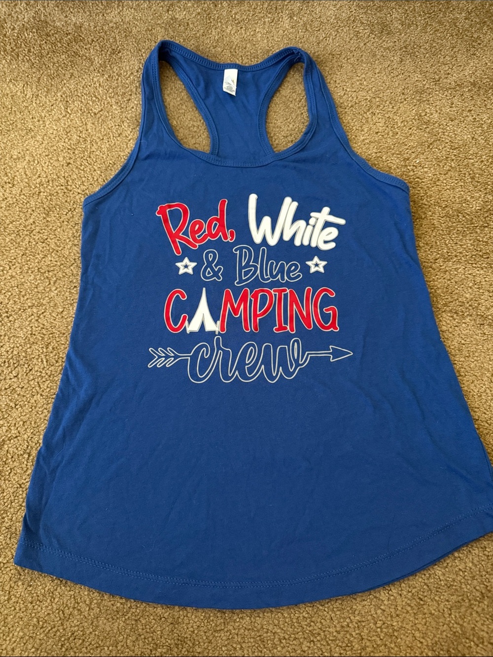 Blue "Red, White & Blue Camping Crew" Graphic Racerback Tank